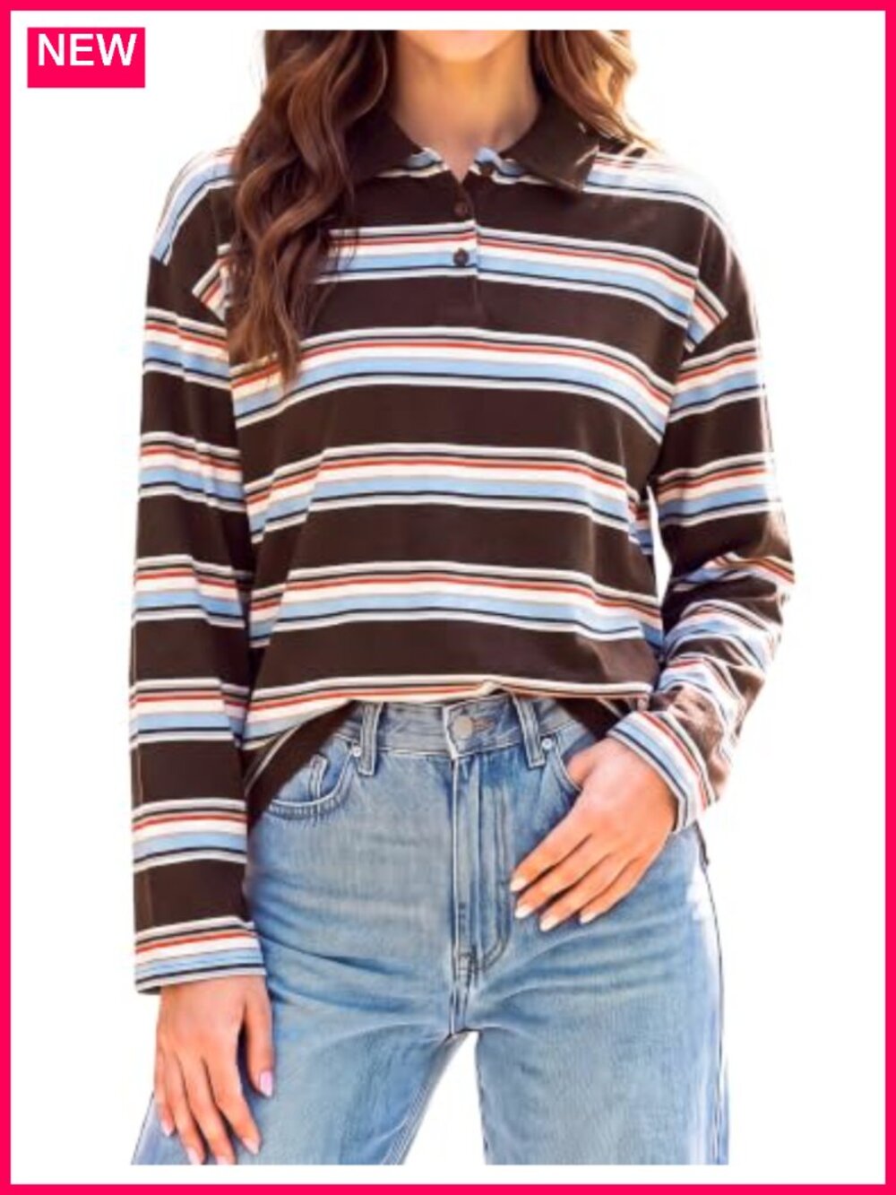 Women Rugby Stripe Long Sleeve Polo Shirt Y2K Oversized Cotton Blend Pullover
